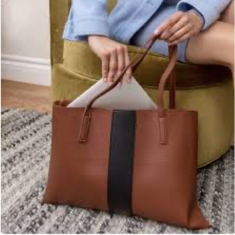Vince Camuto brown with black stripe vegan leather bag